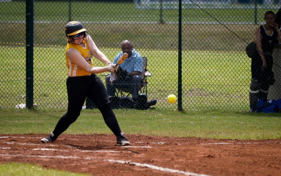 Stuttgart's Rozalyn Eilenberger gets a hit during the DODEA-Europe softball tournament at Ramstein Air Base, Germany, on Friday, May 27, 2016. Stuttgart won the Division I game against Lakenheath 16-0.
