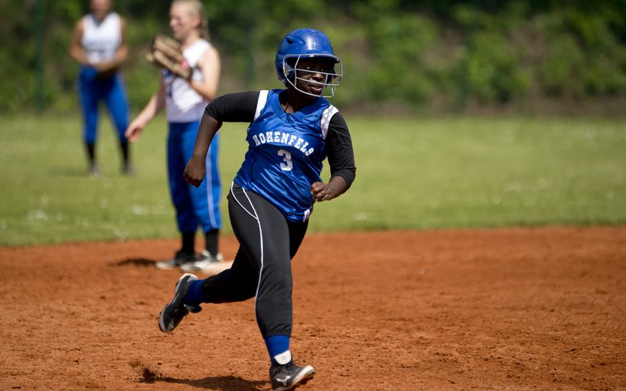Hohenfels' Tayah Curry runs to third during the DODEA-Europe softball tournament at Ramstein Air Base, Germany, on Friday, May 27, 2016. Hohenfels won the Division II/III game against Rota 14-2.