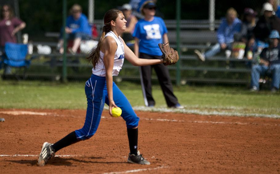 Rota's Abigail Colbert throws a pitch during the DODEA-Europe softball tournament at Ramstein Air Base, Germany, on Friday, May 27, 2016. Rota lost the Division II/III game against Hohenfels 14-2.