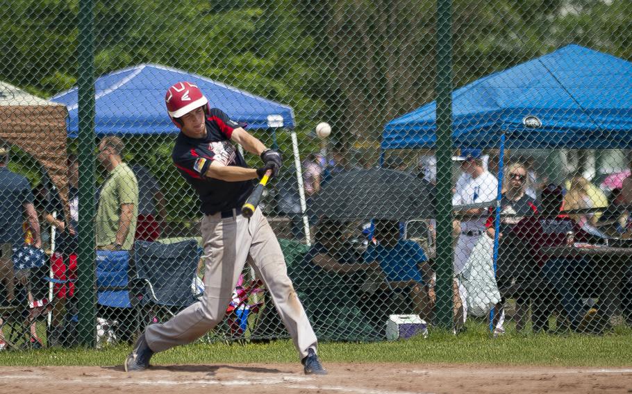 Bitburg's Nicholas Orlando gets a hit during the DODEA-Europe Division II/III baseball championship at Ramstein Air Base, Germany, on Saturday, May 28, 2016. Bitburg lost the game against Rota 5-4.