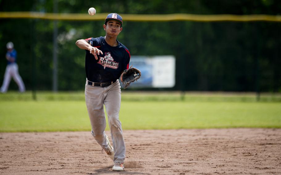 Bitburg's Tyriq Zvijer throws to third during the DODEA-Europe Division II/III baseball championship at Ramstein Air Base, Germany, on Saturday, May 28, 2016. Bitburg lost the game against Rota 5-4.