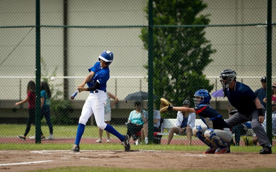 Rota's Austin Curtice gets a hit during the DODEA-Europe Division II/III baseball championship at Ramstein Air Base, Germany, on Saturday, May 28, 2016. Rota defeated Bitburg 5-4 to win the title.