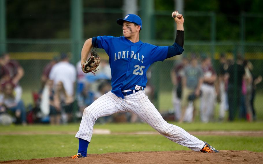 Rota's Zach Heisler throws a pitch during the DODEA-Europe Division II/III baseball championship at Ramstein Air Base, Germany, on Saturday, May 28, 2016. Rota defeated Bitburg 5-4 to win the title.