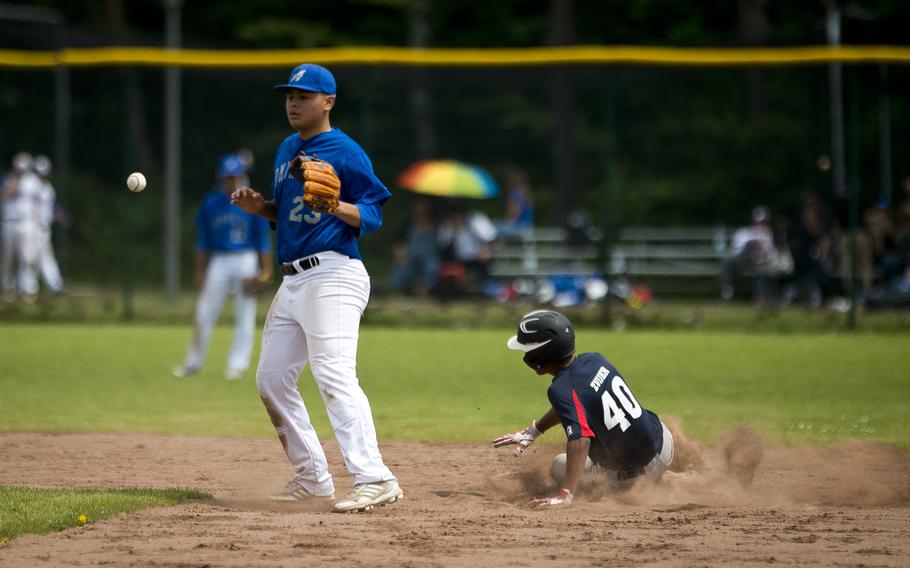 Bitburg's Tyriz Zvijer, right, slides in to second ahead of a throw to Rota's Derek Pena during the DODEA-Europe Division II/III baseball championship at Ramstein Air Base, Germany, on Saturday, May 28, 2016. Bitburg lost the game 5-4.