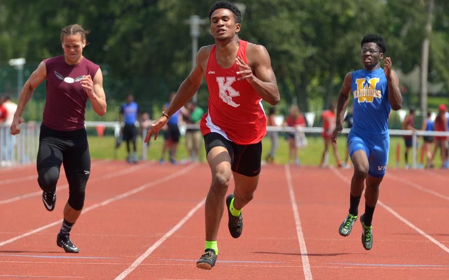 Kaiserslautern's David Zaryczny won the boys 400-meter dash in 49.55 seconds at the DODEA-Europe track and field championships in Kaiserslautern, Germany, Saturday, May 28, 2016. At left is runner-up Zavier Scott of Vilseck. At right is Wiesbaden's Caleb Brown, who finished fourth.