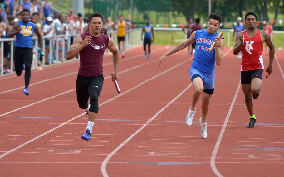 Vilseck's Jacolby Hull-Town anchored the boys 4x100-meter relay at the DODEA-Europe track and field championships in Kaiserslautern, Germany, Saturday, May 28, 2016. Hull-Town and teammates Armando Pickney, Zavier Scott and Terron Sizemore won in 43.24 seconds.