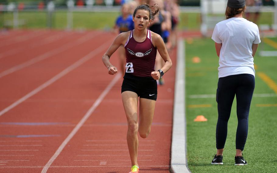 Vilseck's Kaili Markley won the girls 1,600-meter race in 5 minutes, 29.88 seconds at the DODEA-Europe track and field championships in Kaiserslautern, Germany, Saturday, May 28, 2016. 