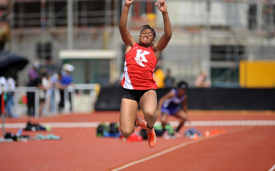 Kaiserslautern's Jada Branch won the girls long jump with a leap of 17 feet, 5.25 inches at the DODEA-Europe track and field championships in Kaiserslautern, Germany, Saturday, May 28, 2016. She later won the 300-meter low hurdles, and she captured the triple jump yesterday.