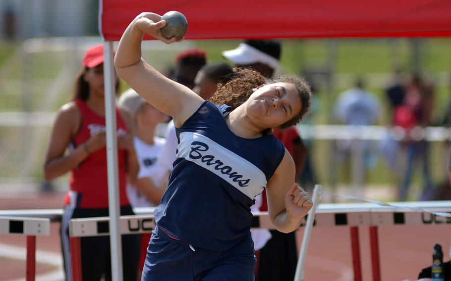 Bit burg's Elise Rasmussen won the girls shot put event with a toss of 34 feet, .50 inches at the DODEA-Europe track and field championships in Kaiserslautern, Germany, Saturday, May 28, 2016.