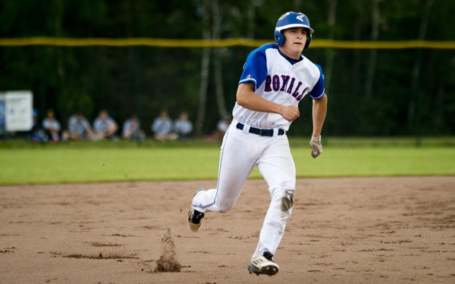 Ramstein's Kyle Glenn runs to third during the DODEA-Europe Division I baseball championship at Ramstein Air Base, Germany, on Saturday, May 28, 2016. Ramstein defeated Kaiserslautern 3-0 to win the title.