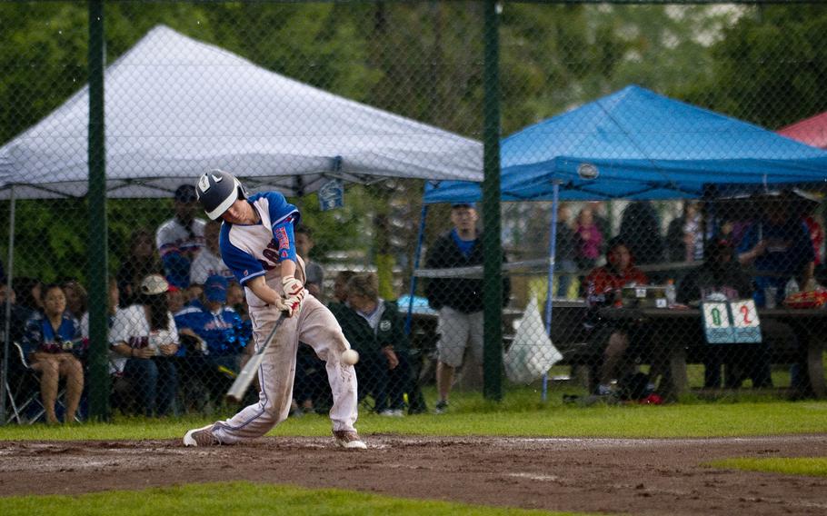 Ramstein's Reed Marshall gets a hit during the DODEA-Europe Division I baseball championship at Ramstein Air Base, Germany, on Saturday, May 28, 2016. Ramstein defeated Kaiserslautern 3-0 to win the title.