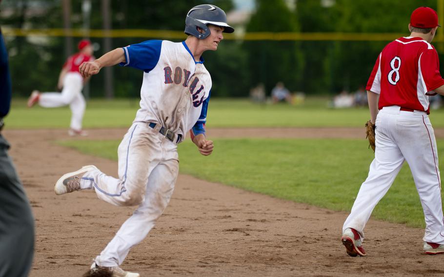 Ramstein's Reed Marshall rounds third during the DODEA-Europe Division I baseball championship at Ramstein Air Base, Germany, on Saturday, May 28, 2016. Ramstein defeated Kaiserslautern 3-0 to win the title.