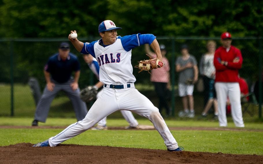 Ramstein's Jonnny Oswald throws a pitch during the DODEA-Europe Division I baseball championship at Ramstein Air Base, Germany, on Saturday, May 28, 2016. Ramstein defeated Kaiserslautern 3-0 to win the title.