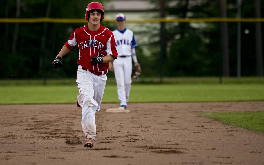 Kaiserslautern's William Frost runs to third during the DODEA-Europe Division I baseball championship at Ramstein Air Base, Germany, on Saturday, May 28, 2016. Kaiserslautern lost to Ramstein 3-0.