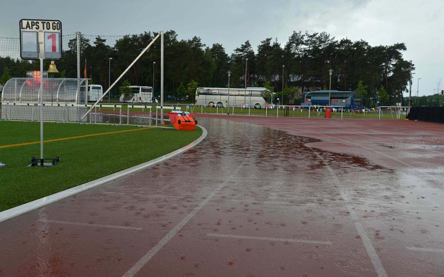 The final events at the DODEA-Europe track and field championships in Kaiserslautern, Germany,  were canceled after heavy rains and thunderstorms made the conditions too dangerous to continue, Saturday, May 28, 2016. The heavy rain caused flooding in and around Vogelweh, with some roads blocked on the compound.