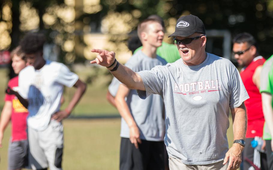 Jim Hall returns as the Vilseck Falcons head coach. During a practice on Friday, Aug. 26, 2016, Hall ran his players through conditioning drills, hoping to have them ready to play by the season opener. 