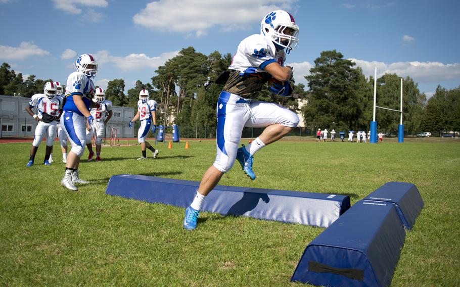 The Ramstein football team practices at Ramstein Air Base, Germany, on Tuesday, Aug. 30, 2016.
