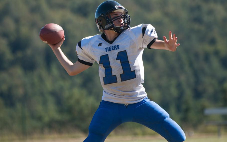 Hohenfels freshman quarterback Landon Ott will try to take the Tigers deep into the playoffs during his rookie season. Here, Ott chucks a pass during a practice held at Hohenfels on Wednesday, Aug. 31, 2016.