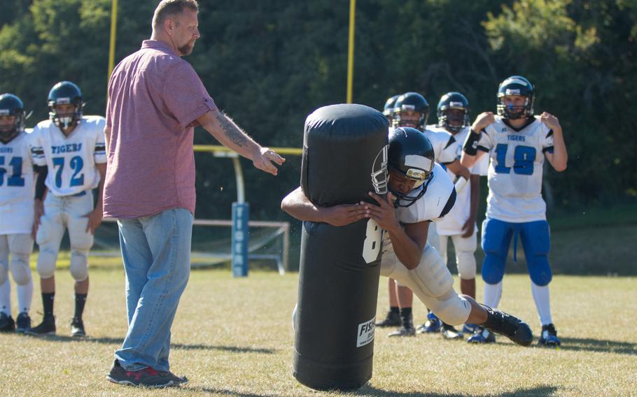 This is the first full year Hohenfels head coach Phil Rigdon will have with his team after the departure of long time Tiger coach Larry Daffin. Rigdon and his coaching staff ran the team through basic tackling drills on Wednesday, Aug. 31, 2016.