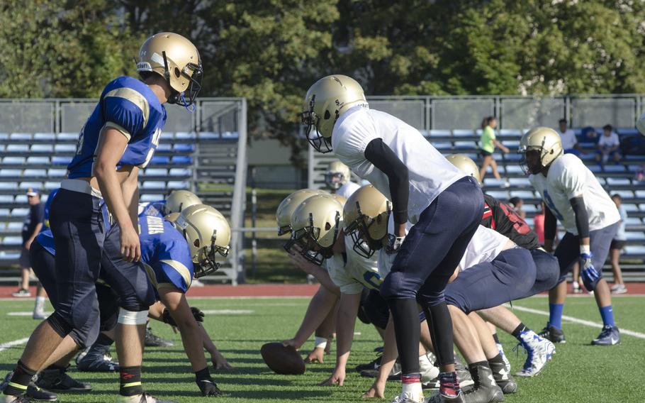 Offensive and defensive lines face off during a Wiesbaden football practice Wednesday, Sept. 7, 2016. Wiesbaden, runners-up last year in Division I, will be looking to replace several key starters, including graduated quarterback Eric Arnold.