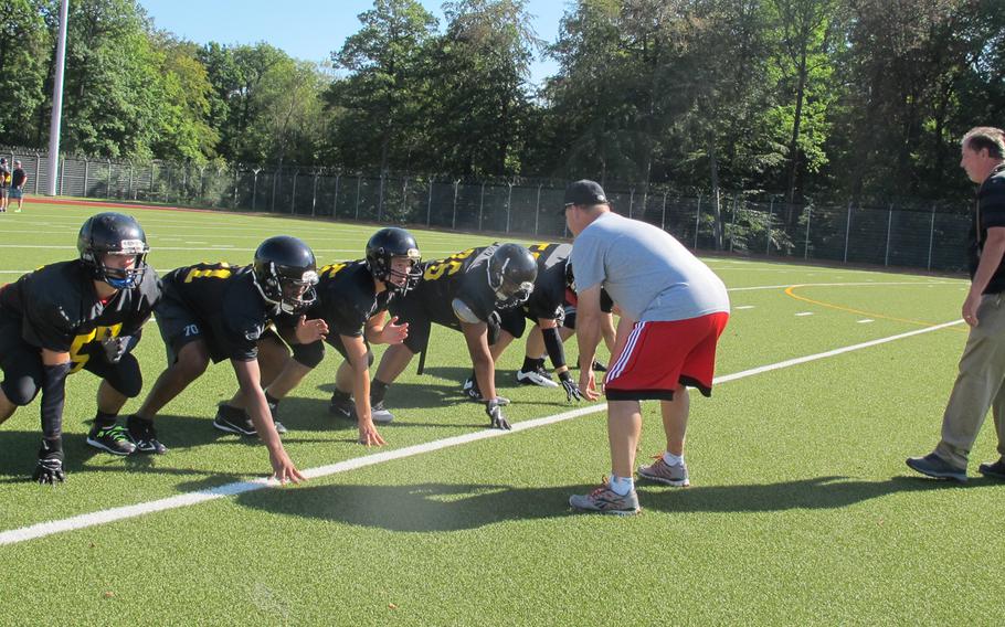 Stuttgart High School's offensive line works on their technique during a preseason practice. The line could be one of the team's strength's this year, according to head coach Billy Ratliff. 