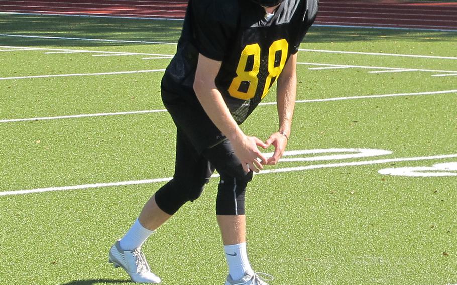 Sean Loeben lines up for a passing route during preseason practice at Stuttgart High School. Loeben scored the only touchdown in last year's dramatic Division I football championship, giving the Panthers a shock victory over powerhouse Ramstein and its first crown in decades.