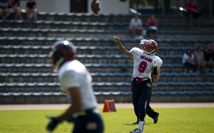 Aviano Saint Hayden Roers throws a pass in Baumholder, Germany, on Saturday, Sept. 10, 2016. Aviano lost to the Baumholder Bucs 44-34. 