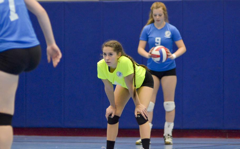 Stuttgart's Janey Greenberg rests between points during the inaugural DODEA-Europe volleyball all star game Saturday, Nov. 14, 2015, at Ramstein Air Basel, Germany.