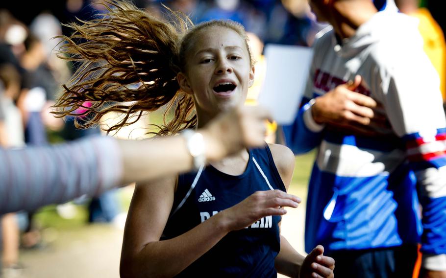 Ramstein's Katie Gunia crosses the finish line in third place at 20:25 in Ramstein-Miesenbach, Germany, on Saturday, Sept. 24, 2016.