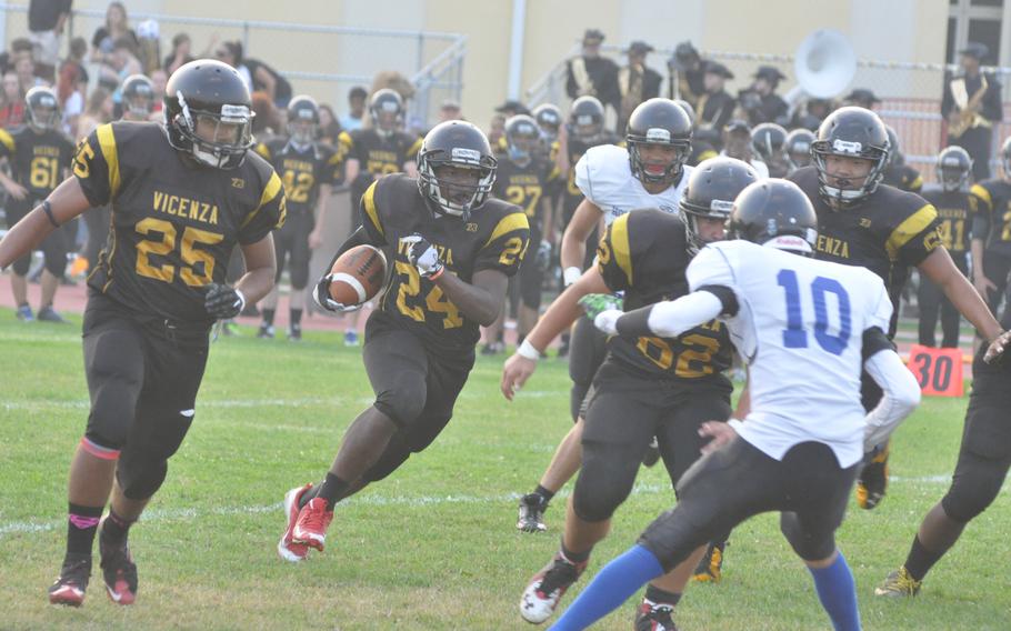 Vicenza sophomore running back Arthur McDonald heads upfield in the first half against Hohenfels on Friday, Sept. 30, 2016. McDonald rushed for 149 yards and three scores as the Cougars pulled away for a 31-3 victory.