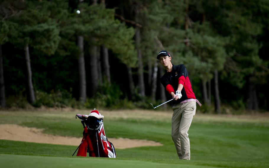 Kaiserslautern's Kaden Senkbeil chips a shot to the green during the DODEA-Europe golf championship at Rheinblick golf course in Wiesbaden, Germany on Oct. 5, 2016.