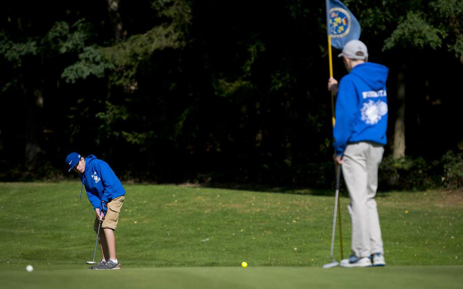 Ramstein's Sebastion Gutierrez watches his putt during the DODEA-Europe golf championship at Rheinblick golf course in Wiesbaden, Germany on Oct. 5, 2016.