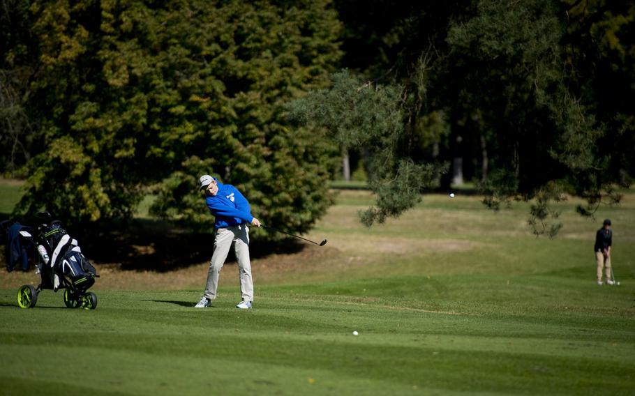 Ramstein's Adrian Blodgett shoots up the fairway during the DODEA-Europe golf championship at Rheinblick golf course in Wiesbaden, Germany on Oct. 5, 2016.