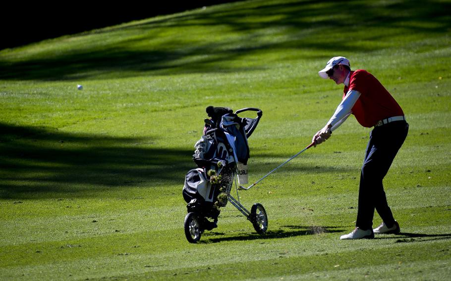 Stuttgart's Jordan Holifield takes a shot from the fairway during the DODEA-Europe golf championship at Rheinblick golf course in Wiesbaden, Germany on Oct. 5, 2016.
