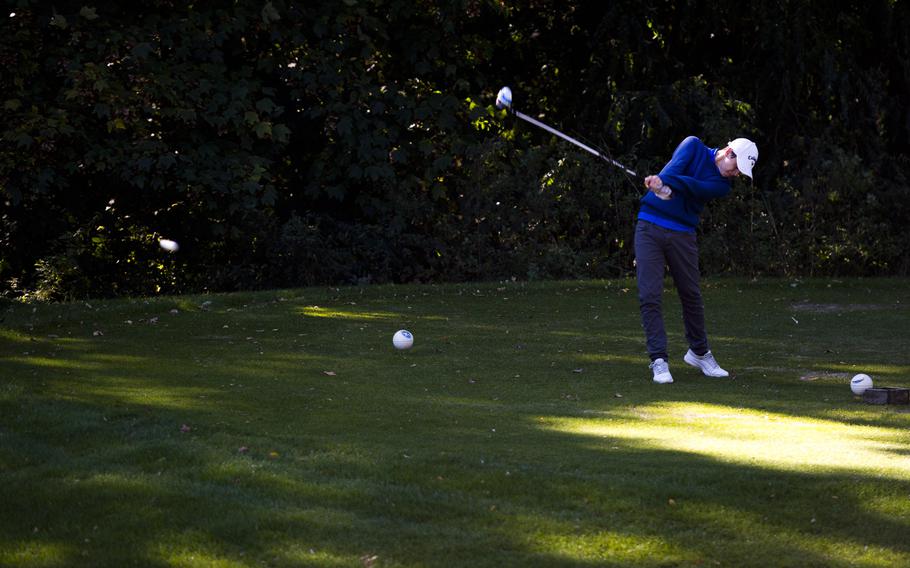 Wiesbaden's Bryan Cortese tees off during the DODEA-Europe golf championship at Rheinblick golf course in Wiesbaden, Germany on Oct. 5, 2016.