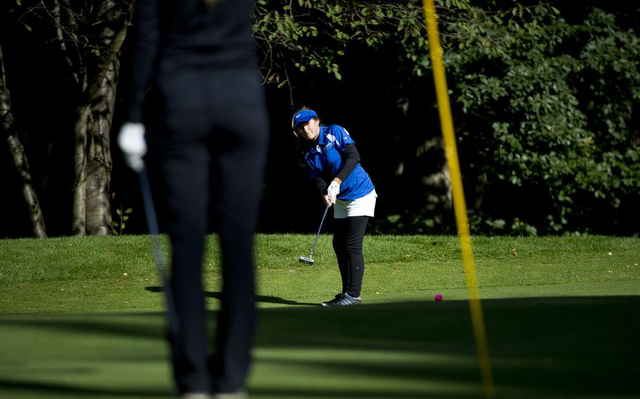Rota's Madison Gray watches her putt during the DODEA-Europe golf championship at Rheinblick golf course in Wiesbaden, Germany on Oct. 5, 2016.