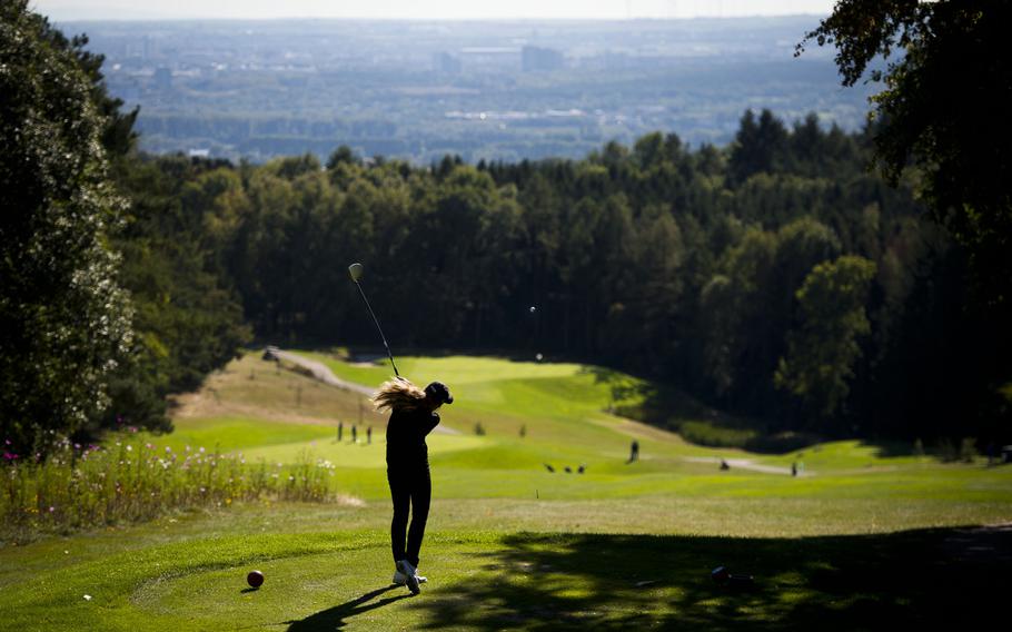 Kaiserslautern's Jasmin Acker tees off during the DODEA-Europe golf championship at Rheinblick golf course in Wiesbaden, Germany on Oct. 5, 2016.