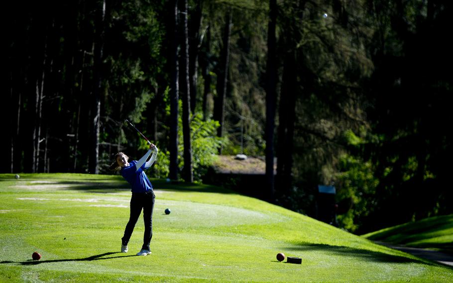 Bitburg's Leigha Daryanani tees off during the DODEA-Europe golf championship at Rheinblick golf course in Wiesbaden, Germany on Oct. 5, 2016.
