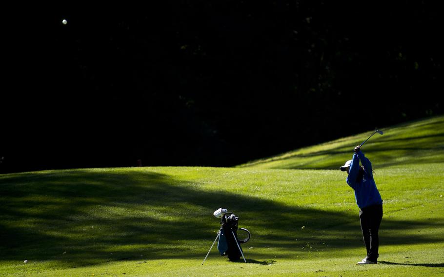 Ramstein's Phoebe Shin shoots up the fairway during the DODEA-Europe golf championship at Rheinblick golf course in Wiesbaden, Germany on Oct. 5, 2016.
