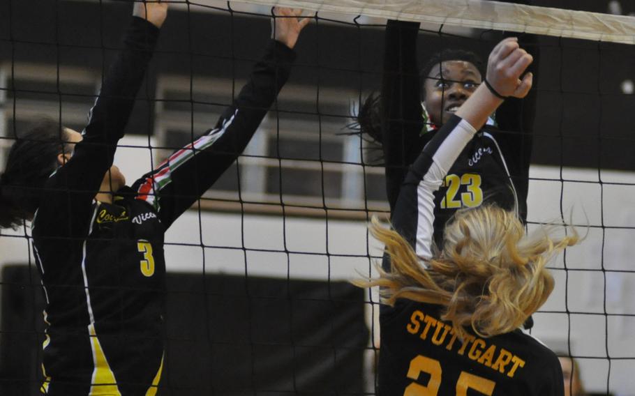 Vicenza's Britney Bailey sends the ball back over the net after an attempted kill from Stuttgart's Peyton Burnett on Friday, Oct. 7, 2016. Burnett's team came out on top, though.