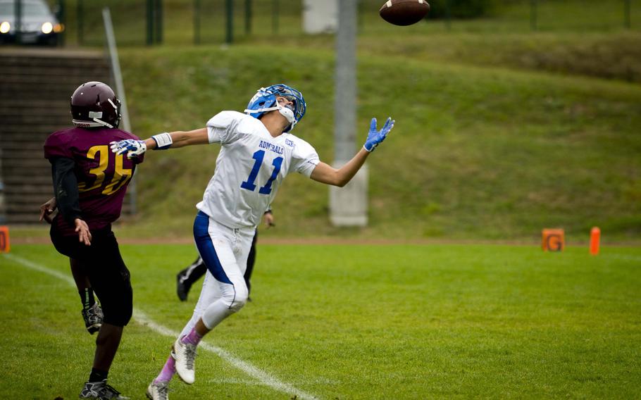 Rota's Austin Curtice goes for a pass in Baumholder, Germany, on Saturday, Oct. 8, 2016. Rota defeated Baumholder 45-0.
