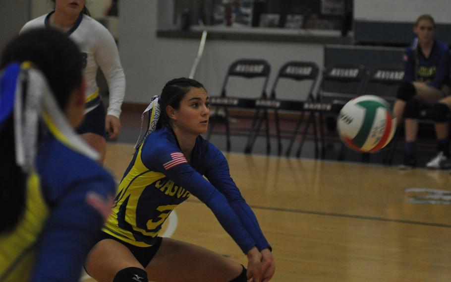 Sigonella's Korley Jones bumps the ball to begin the Sigonella offense Friday night during a 25-12, 25-16, 25-12 victory over Hohenfels.