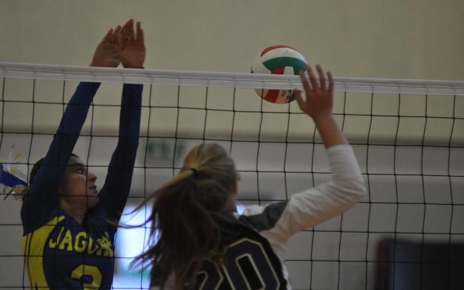Signella's Korley Jones watches a spike from Hohenfels' Maddy Black go past her. Jones and her team defeated the Tigers 25-12, 25-16, 25-12 on Friday night at Aviano Air Base, Italy.