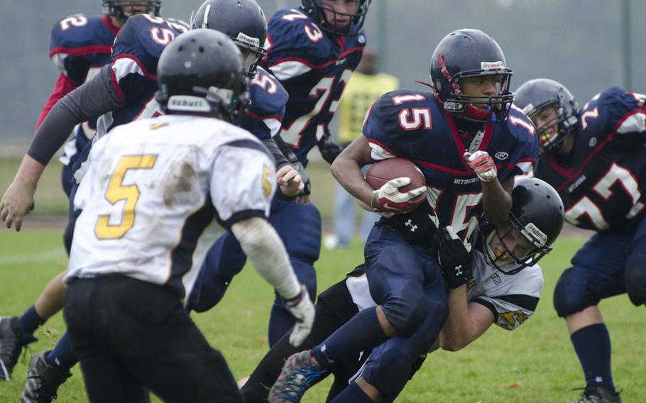Jimmie Montgomery of Bitburg rushes with the football during a DODEA-Europe Division II quarterfinal matchup, Saturday, Oct. 22, 2016 at Bitburg, Germany. Bitburg scored six touchdowns en route to a 40-0 win against the Italian visitors.