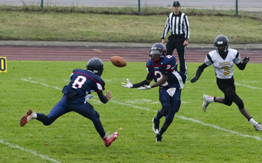 Javian Rouse of Bitburg reaches to make an interception during a DODEA-Europe Division II quarterfinal matchup against Vicenza, Saturday, Oct. 22, 2016 at Bitburg, Germany. Rouse had three rushing touchdowns in addition to a strong defensive outing in the Barons secondary as Bitburg triumphed 40-0.