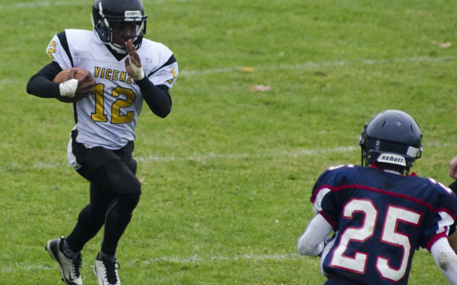 Christian Lewis of Vicenza finds a gap on a kick return during a DODEA-Europe Division II quarterfinal matchup, Saturday, Oct. 22, 2016 at Bitburg, Germany. Bitburg defeated Vicenza 40-0 with a stifling defensive performance.