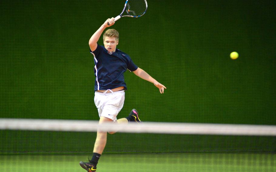 International School of Brussels' Felix Selvik returns a shot on his way to winning his first round match against Naples' John Sullivan 6-0, 6-0, at the DODEA-Europe tennis championships in Wiesbaden, Germany, Thursday, Oct. 27, 2016.