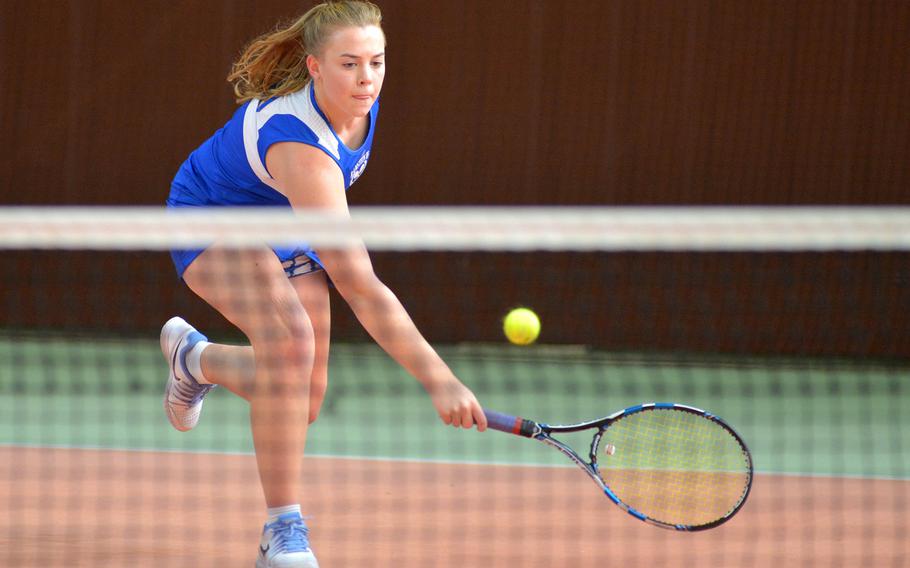 Ramstein's Cami Carswell returns a shot at the net from ISB's Emilie God in a second-round singles match at the DODEA-Europe tennis championships in Wiesbaden, Germany, Thursday, Oct. 27, 2016. Carswell won 6-1, 6-2. She, American Overseas School of Rome's Kaya Rand and ISB's Julia Shchukina won all their matches in opening day.