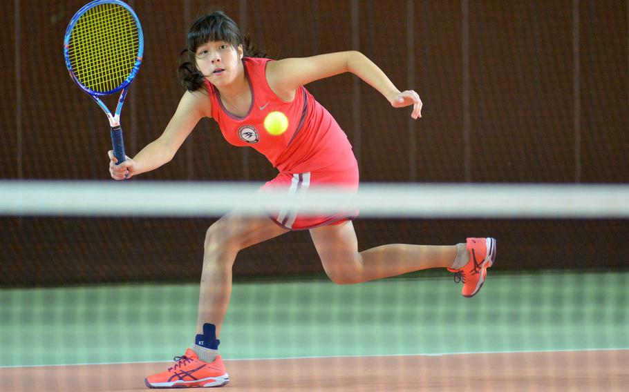 American Overseas School of Rome's Kaya Rand runs down a shot from Vicenza's Kiki Sibilla on her way to winning the second-round match 4-6, 6-3, 10-4 in girls singles action at the DODEA-Europe tennis championships in Hochheim, Germany, Thursday, Oct. 27, 2016. 