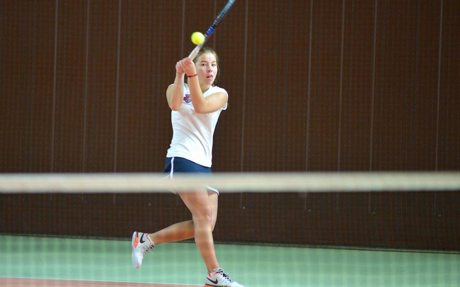 ISB's Julia Shchukina returns a shot against Alconbury's Brittany Brann in girls singles action at the DODEA-Europe tennis championships in Hochheim, Germany, Thursday, Oct. 27, 2016. She won the match 6-1, 6-2.